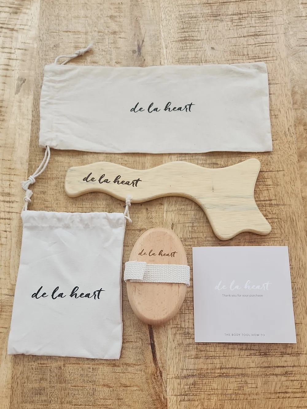 DE LA HEART The Body Tool Wood Lymphatic Tool And The Body Dry Brush With Bags